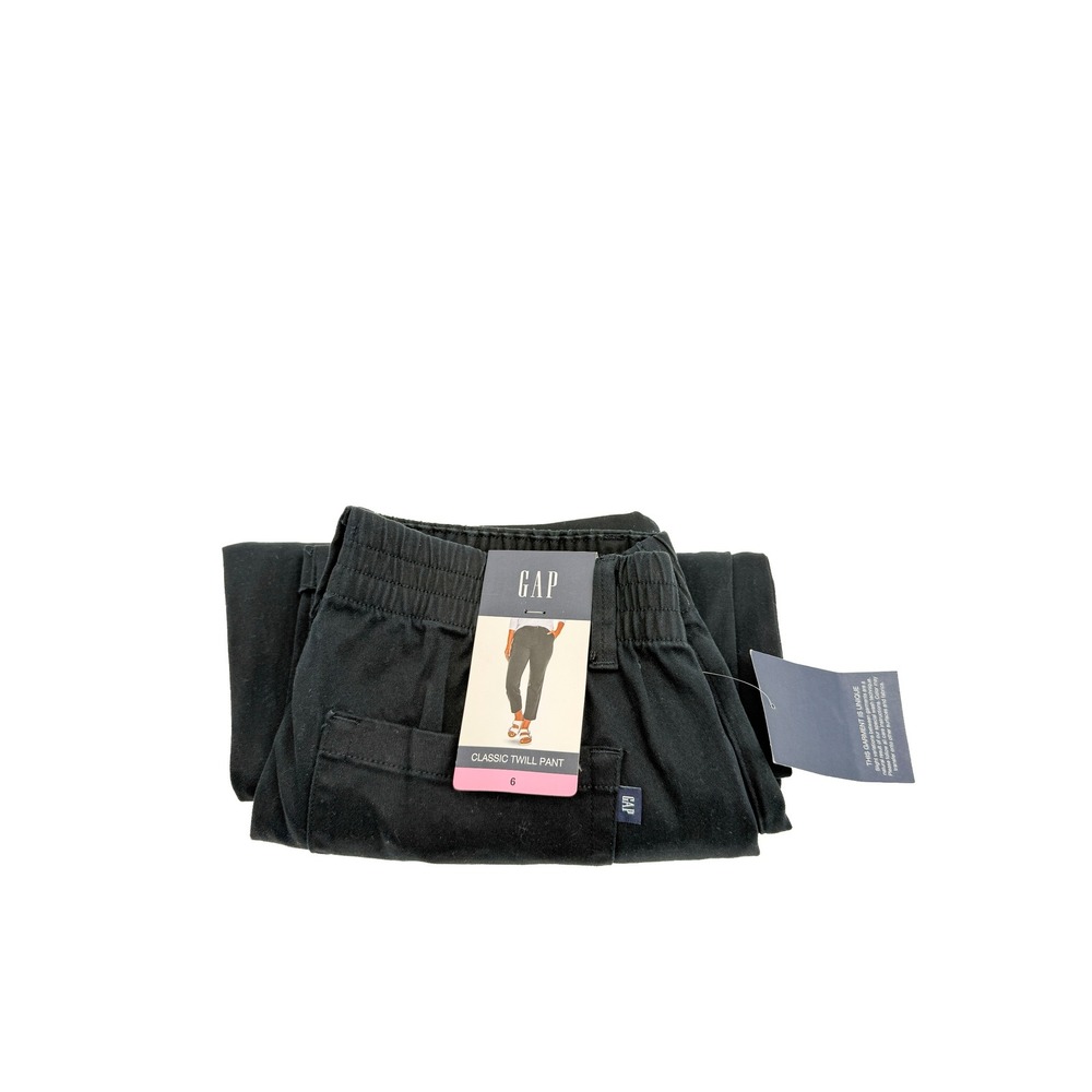 Gap Twill Pants Womens 6 Black Classic Straight Leg Elastic Waist Cuffed 0178